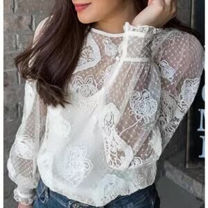 Express Lace Long Sleeve Blouse Top Womens XL Boho Bohemian Cottage Beige White
